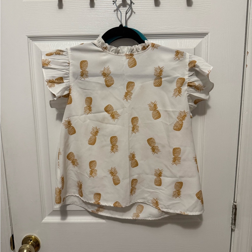 White and Gold Blouse with Ruffle Sleeves